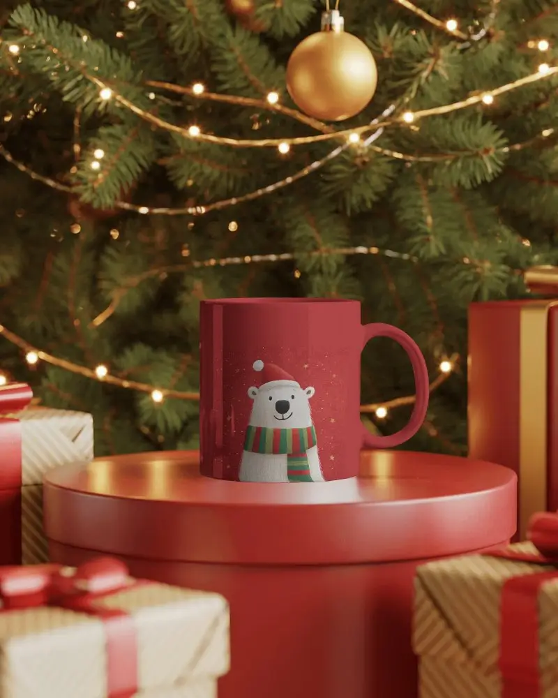 Christmas Mug Mockup On Red Gift Box With Golden Ornaments And Festive Tree Lights
