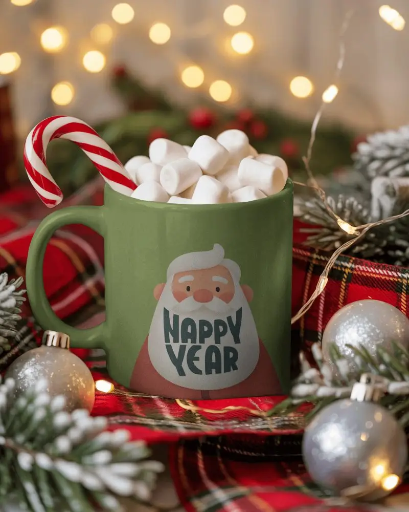 Christmas Mug Mockup With Candy Cane And Marshmallows On Tartan Table Holiday Decor