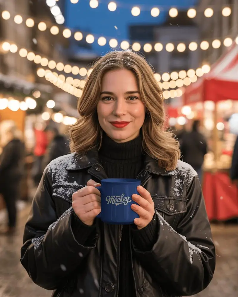 Festive Christmas Mug Mockup Female Model In Winter Market With Warm String Lights