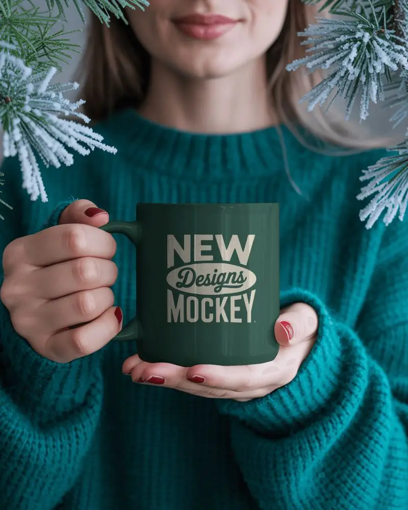 Christmas Mug Mockup Woman Holding Mug In Cozy Sweater With Frosted Pine Branches