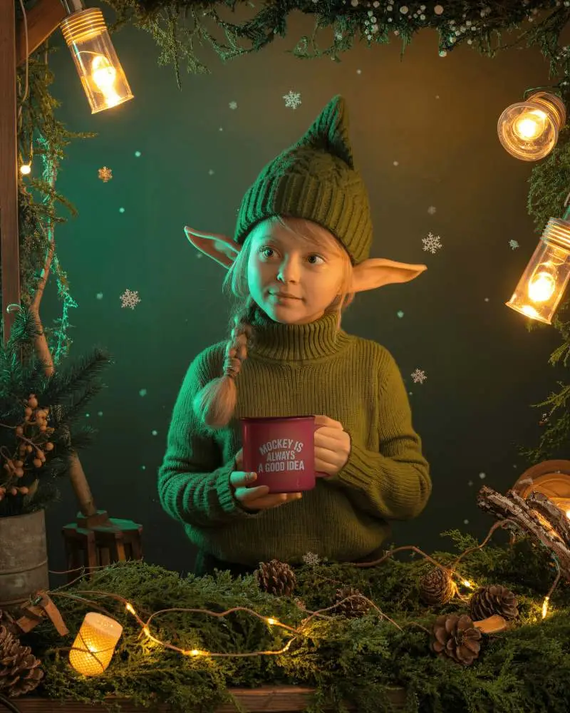 Christmas Mug Mockup Little Elf Child Holding Mug In Cozy Forest Holiday Setting