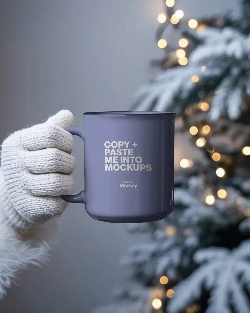 Christmas Mug Mockup Gloved Hand Holding Mug Before Snowy Tree With Warm Lights