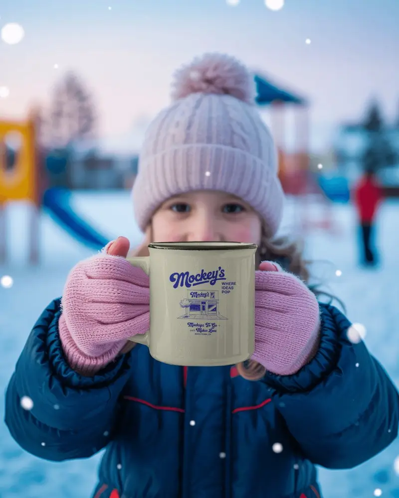 Christmas Mug Mockup Child Holding Mug In Snowy Playground Cozy Winter Vibes