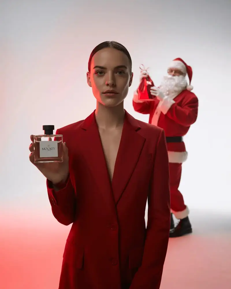 Modern Christmas Perfume Mockup Elegant Woman In Red Blazer With Santa Holding Gift