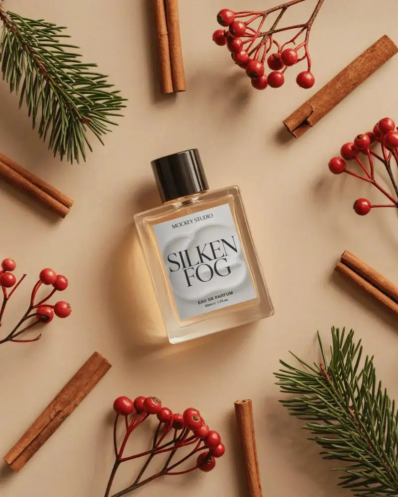 Christmas Perfume Mockup Flatlay With Cinnamon Sticks Red Berries And Evergreen Branches