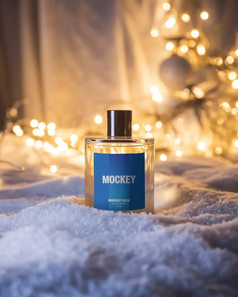 Christmas Perfume Mockup Glass Bottle In Snow With Golden Fairy Lights And Festive Glow