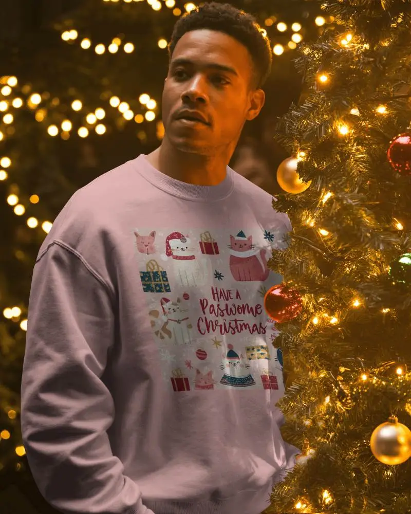 Christmas Sweatshirt Mockup Male Model Standing By Tree With Golden Lights And Baubles