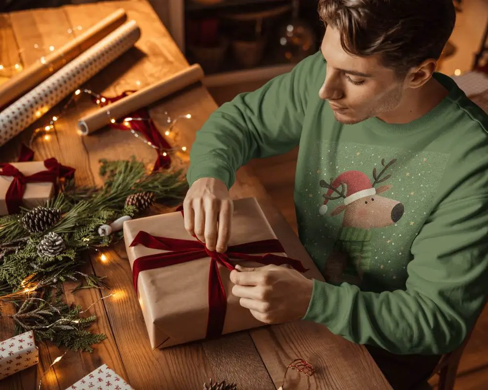 Christmas Sweatshirt Mockup Man Wrapping Gift On Wooden Table With Holiday Decor