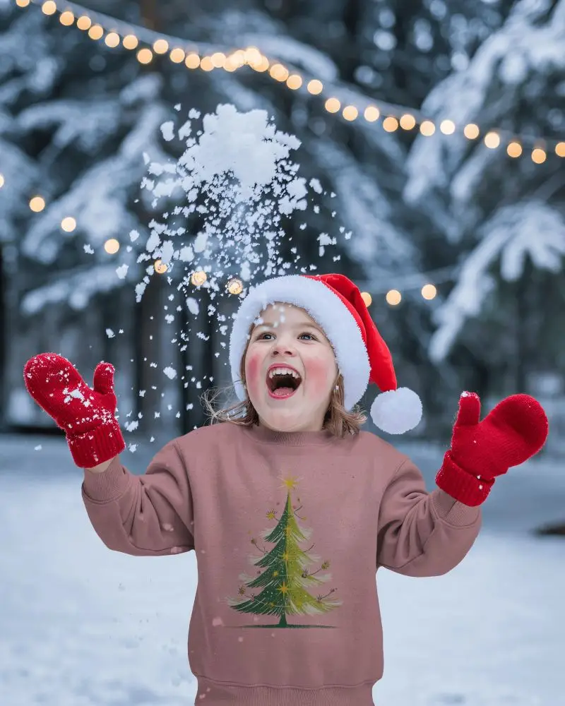 Festive Kids Sweatshirt Mockup Happy Child Catching Snowflakes In Winter Forest