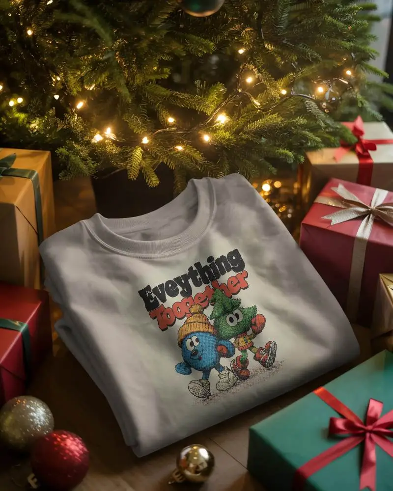 Premium Quality Winter Christmas Sweatshirt Mockup With Gift Boxes Around Tree Decor