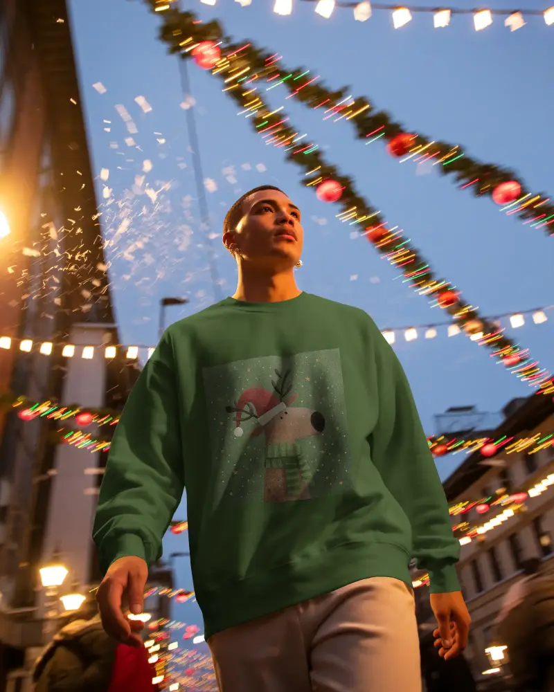 High Quality Christmas Sweatshirt Mockup Model Wearing Crewneck For Brand Promotion
