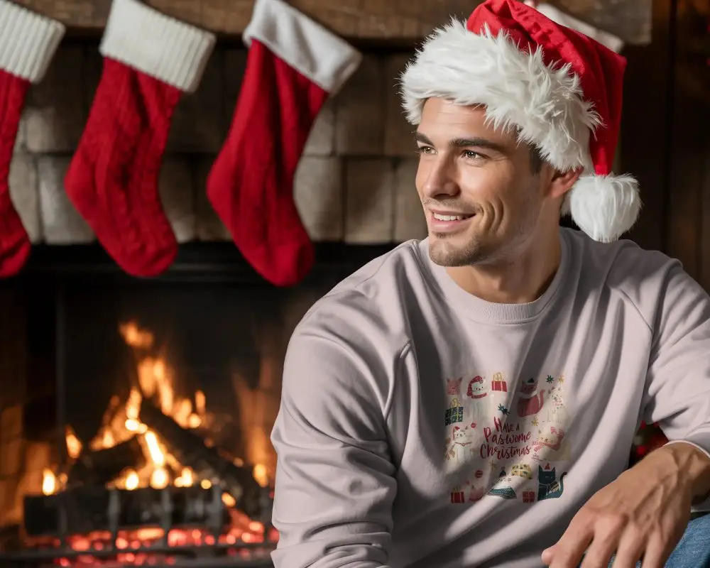 Cozy Winter Christmas Sweatshirt Mockup With Smiling Man Near Fireplace Christmas Theme