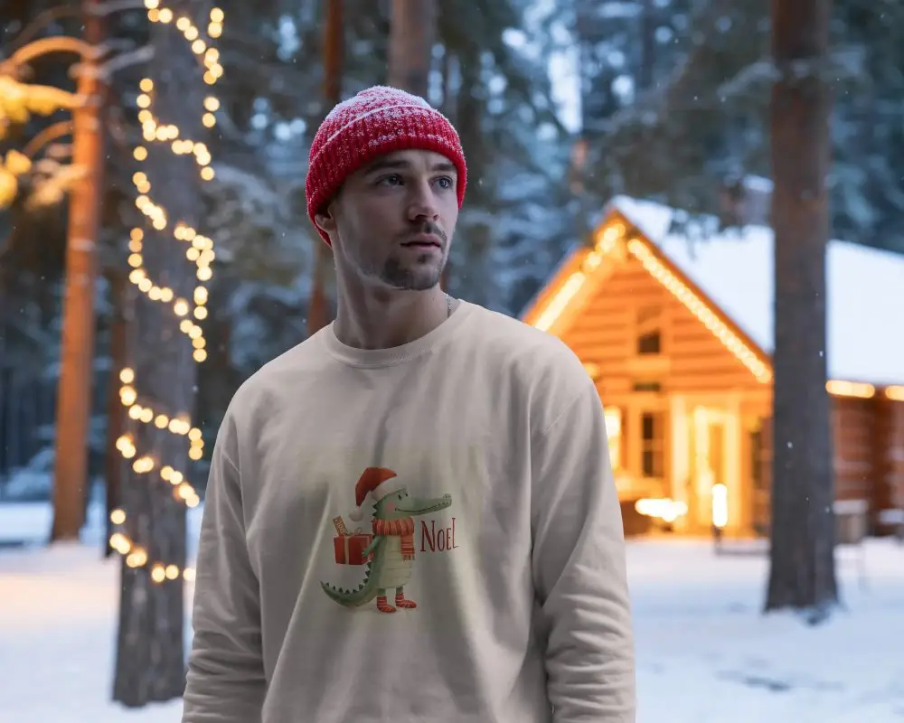 Cozy Winter Christmas Sweatshirt Mockup With Warm Knit Hat In Scenic Snowy Forest Background