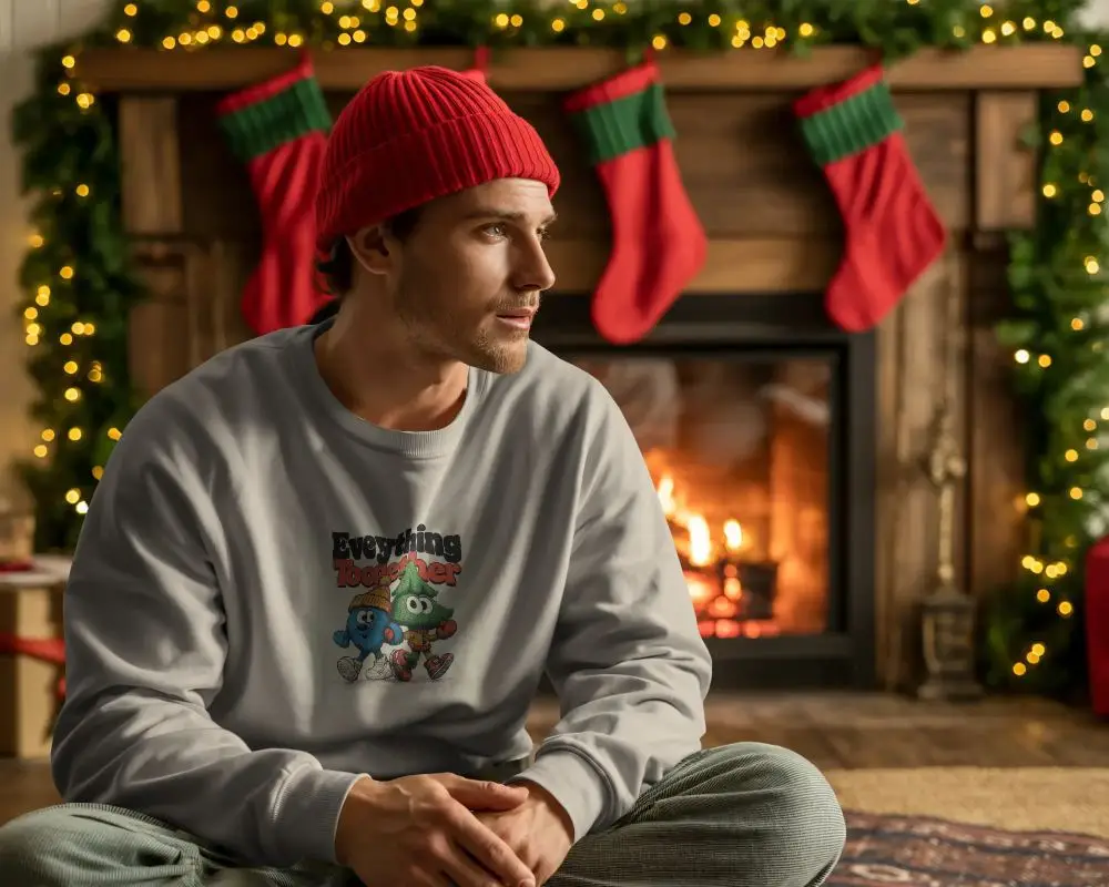 Cozy Casual Mens Christmas Sweatshirt Mockup Relaxed Fireplace Holiday Home Style