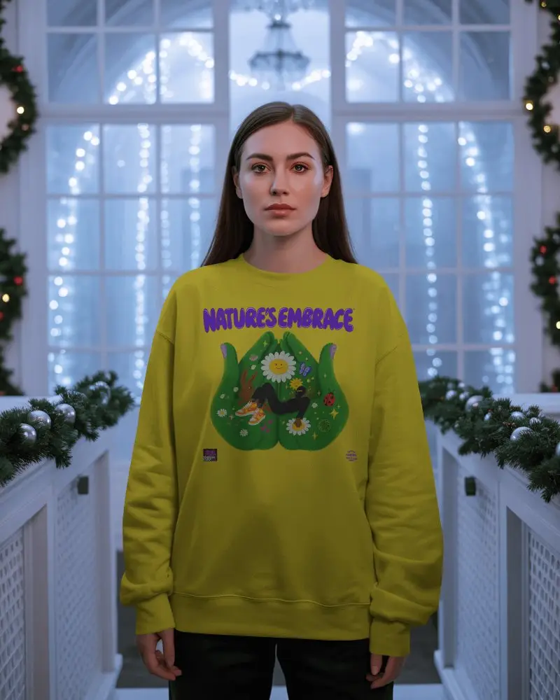 Christmas Sweatshirt Mockup Woman Standing Front View In Elegant Interior With Festive Lights