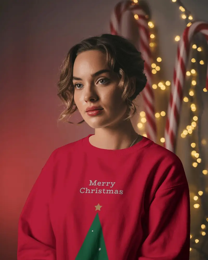 Christmas Sweatshirt Mockup Woman Portrait In Festive Holiday Setting With Candy Canes And Lights