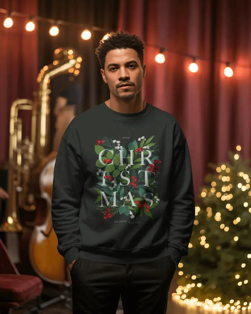 Christmas Sweatshirt Mockup Male Model In Festive Music Room With String Lights And Holiday Tree