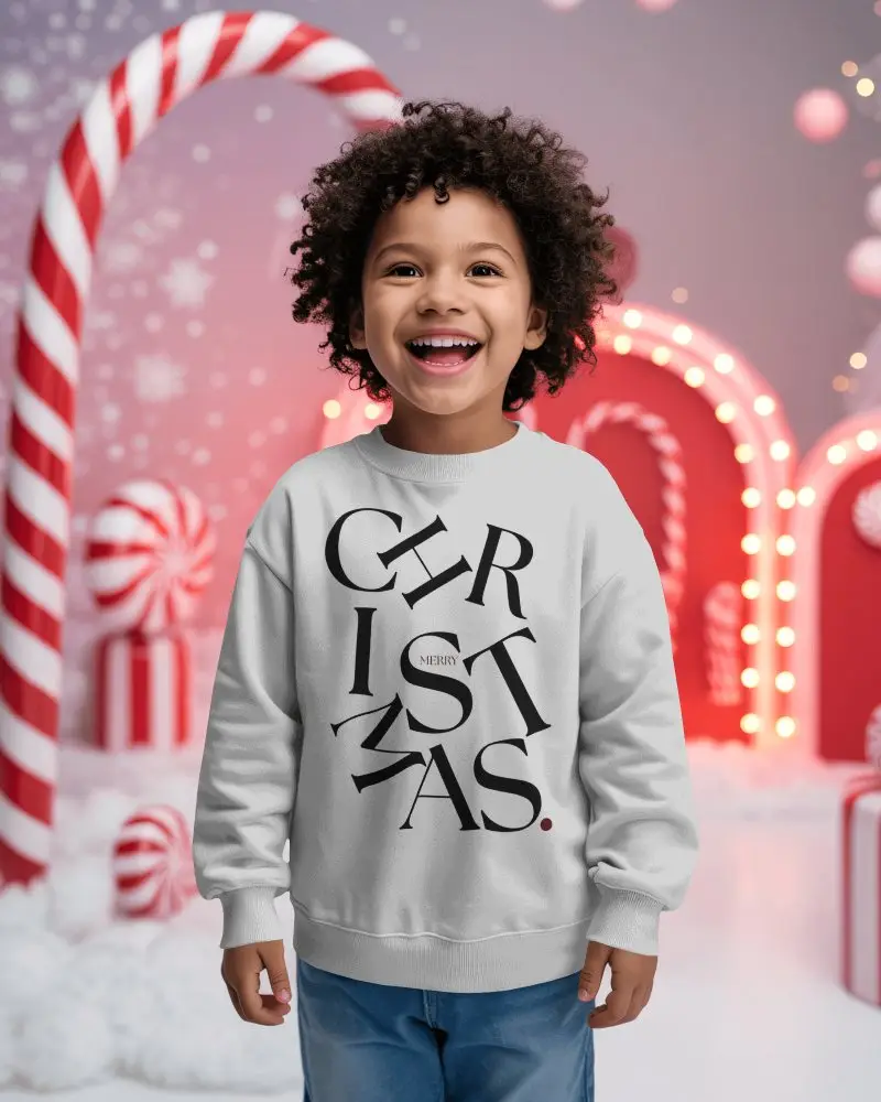 Christmas Sweatshirt Mockup Smiling Child In Festive Candy Land Scene With Holiday Lights