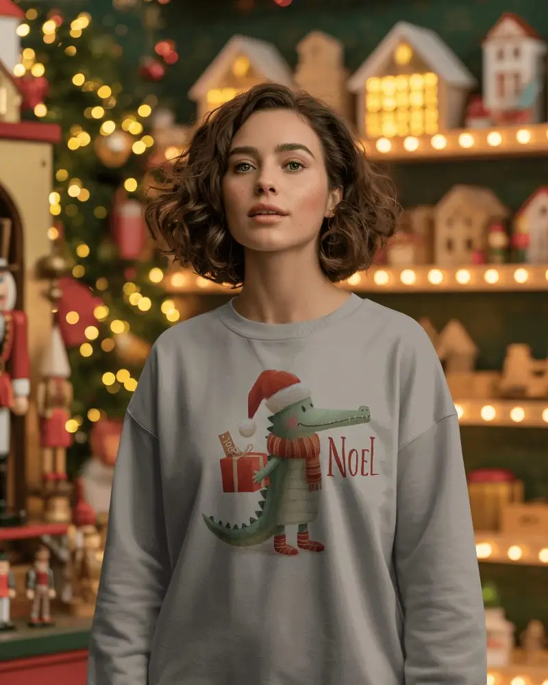 Christmas Sweatshirt Mockup Woman Standing In Festive Holiday Village Scene With Warm Lights