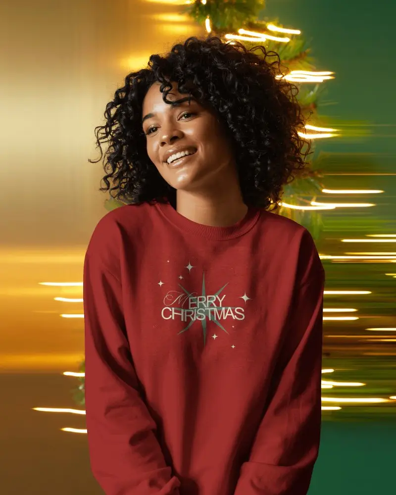 Sweatshirt Mockup Smiling Female Model In Warm Holiday Light Trails With Cozy Lifestyle Mood