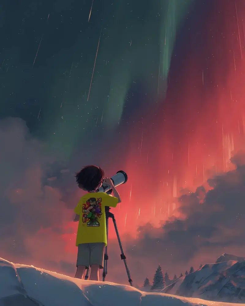 Telescope Observer Wearing Comfortable Anime T Shirt Mockup Stargazing Under Night Sky Illustration