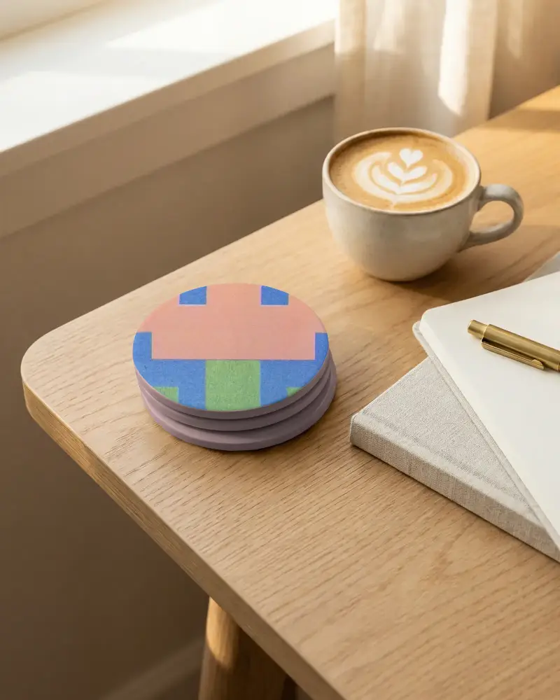 Modern Round Coaster Mockup For Creative Presentation On Wooden Table With Cup And Notebooks