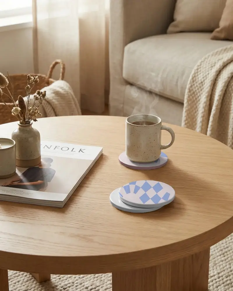 Modern Minimalist Coaster Mockup On Round Wooden Table With Hot Beverage And Lifestyle