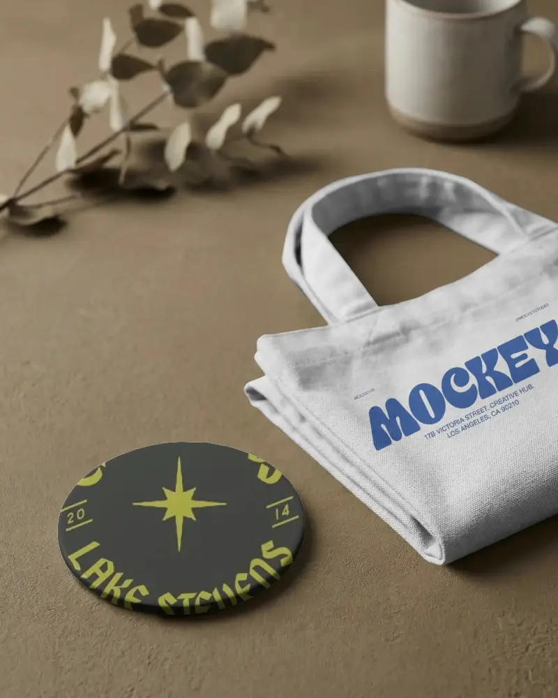 Premium Matte Round Coaster Mockup On Rough Surface With Casual Fabric Bag And Cup