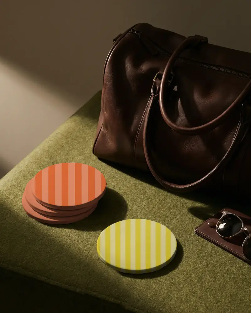 Simple Elegant Circular Coasters Mockup Fabric Surface Next To Bag And Glasses