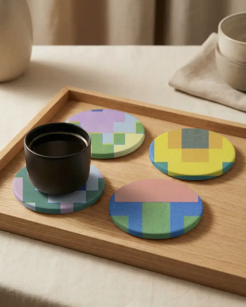 Simple Circular Coaster Mockups On Wooden Serve Tray For Tabletop Surface Protection