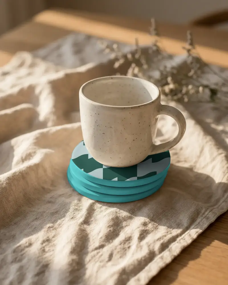 Premium Quality Drink Coaster Mockup With Mug On Natural Texture Fabric Background