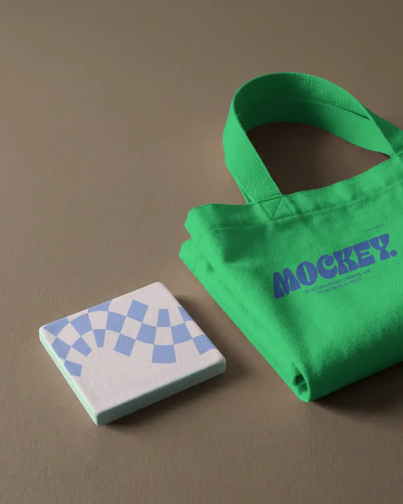 Minimalistic Square Coaster Mockup With Canvas Tote Bag On Natural Background