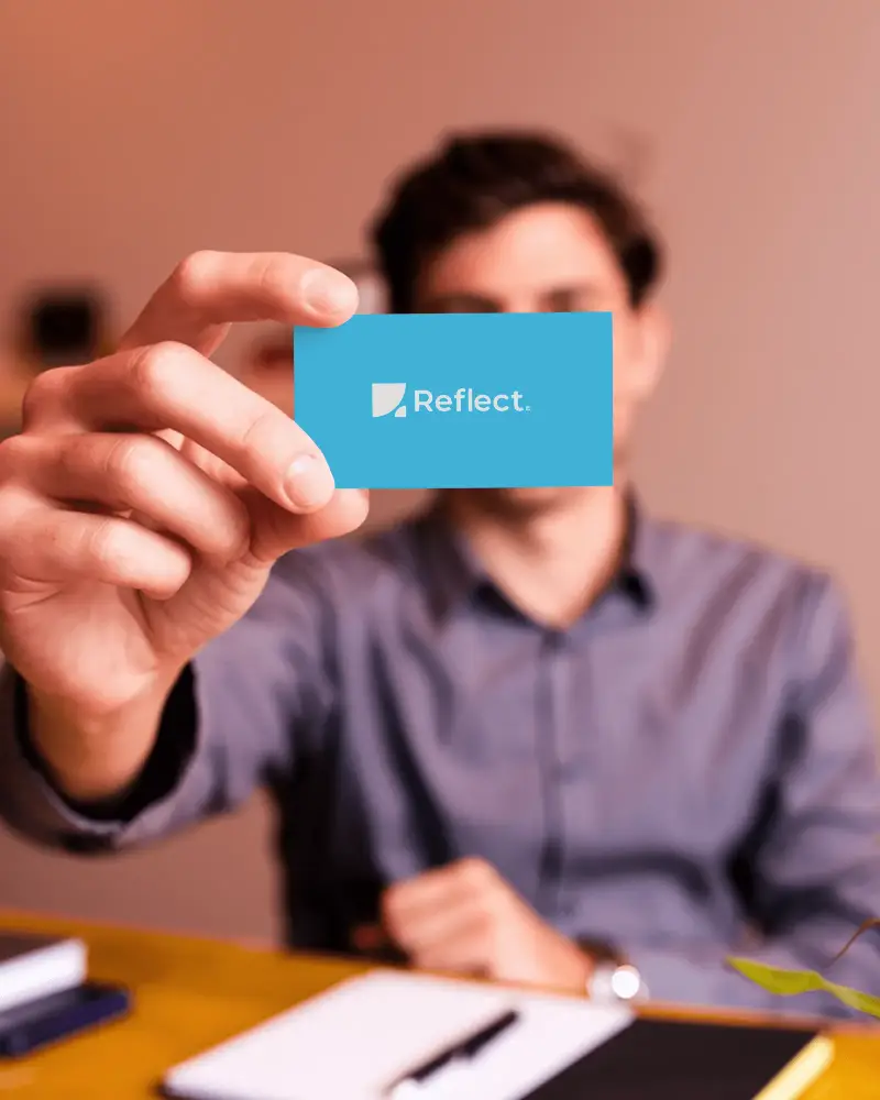 Man Holding Blank Business Card Logo Mockup Front Facing Camera Clerk Mockup Showcase