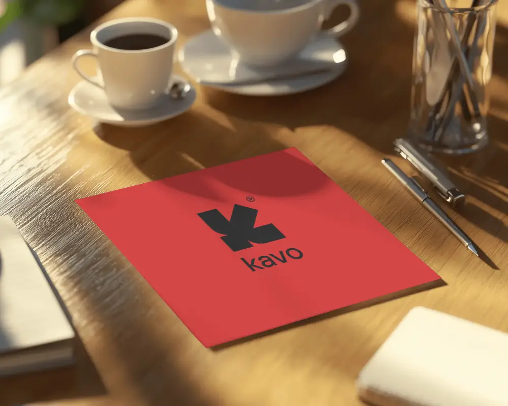 Modern Business Flyer Logo Mockup On Wooden Desk With Coffee Cups And Pens