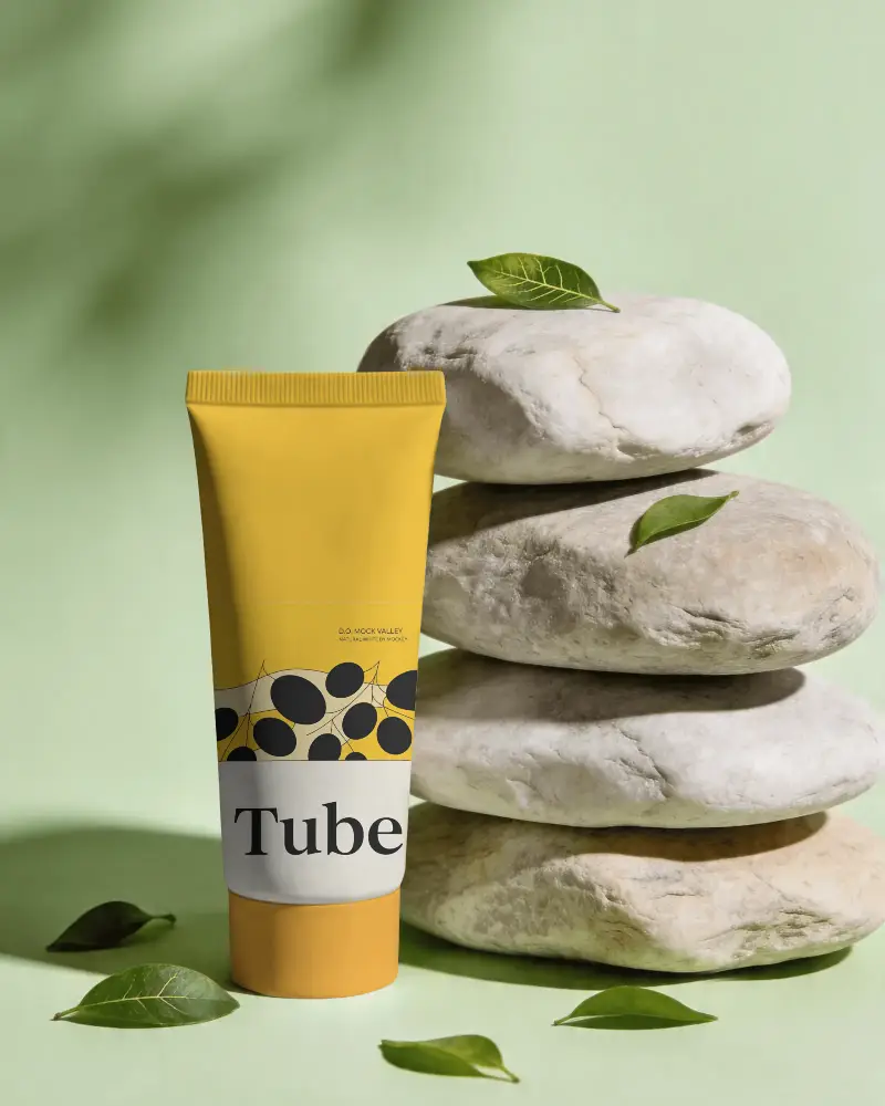 Natural Skincare Cosmetic Tube Mockup With Stacked Stones And Greenery For Beauty Product