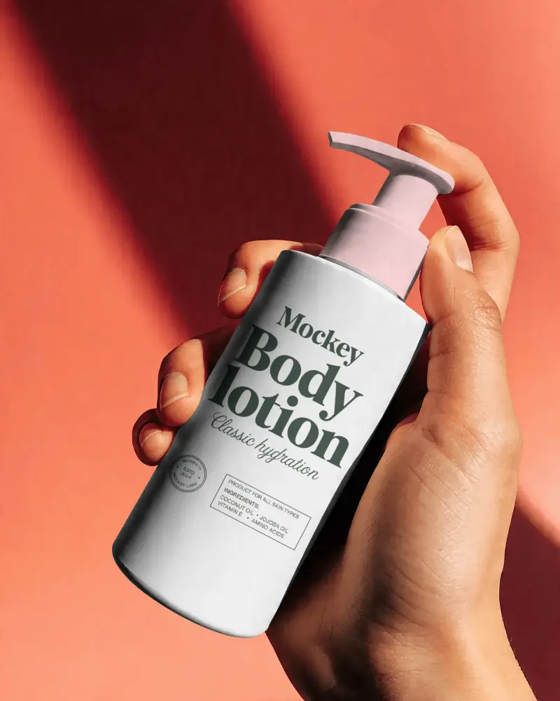 Realistic Hand Showing Cosmetic Pump Mockup Container For Lotion Or Cream Branding