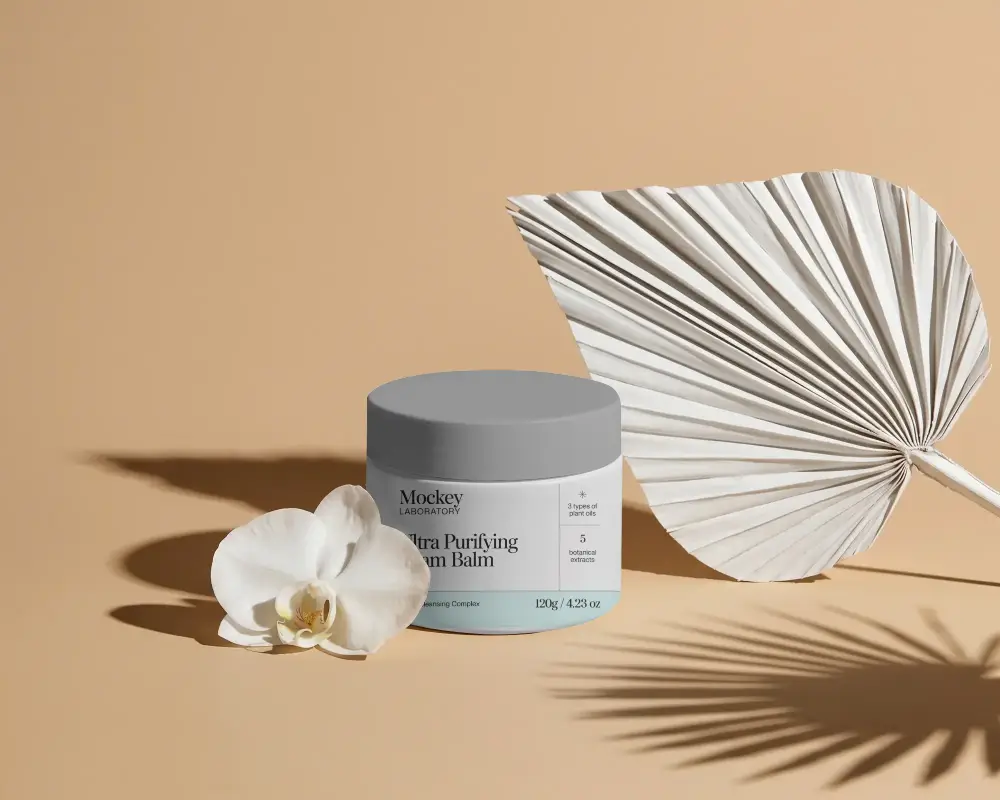 Elegant Cosmetic Jar Mockup Container With Tropical Accessories Organic Beauty Packaging Setup
