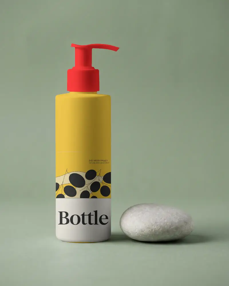 Skincare Packaging Cosmetic Pump Bottei Mockup Design With Pump Dispenser And Rounded Textured Stone