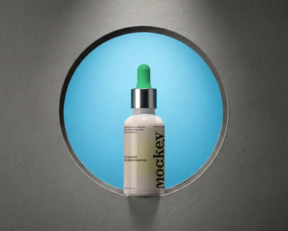 Premium Cosmetic Mockup Dropper Bottle Front View Isolated On Round Background