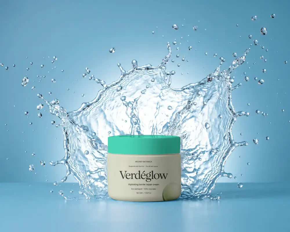 Cosmetic Jar Mockup Packaging With Natural Water Elements Promoting Hydration Care