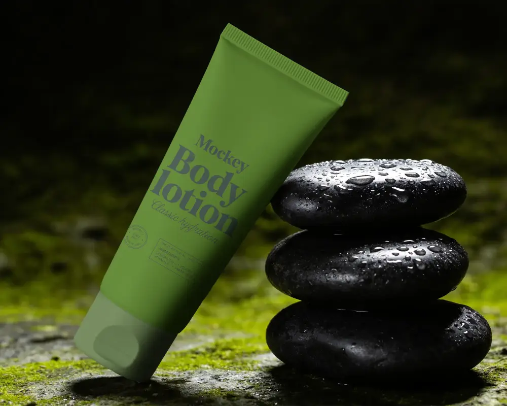 Natural Beauty Cosmetic Tube Mockup With Revitalizing Water Dropped Stones