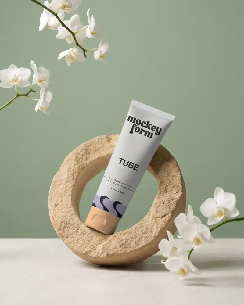 Elegant Cosmetic Tube Mockup Packaging On Textured Stone Ring With Floral Elements