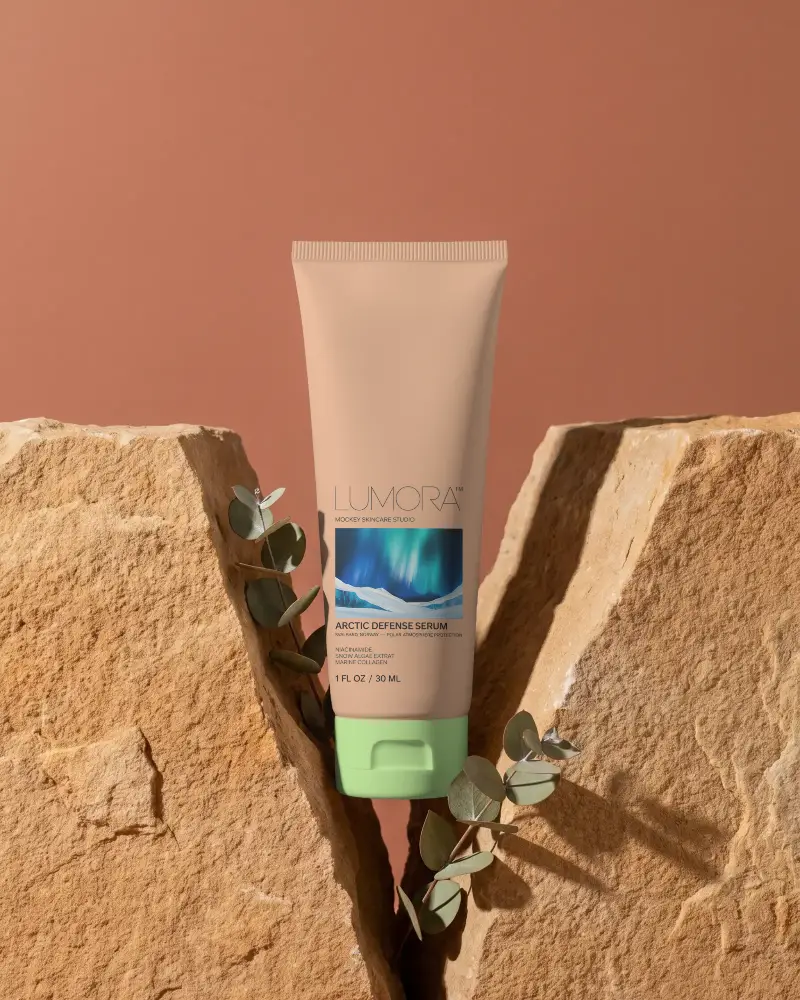 Natural Skincare Tube Packaging Mockup On Rough Rock Surface With Eucalyptus Branch