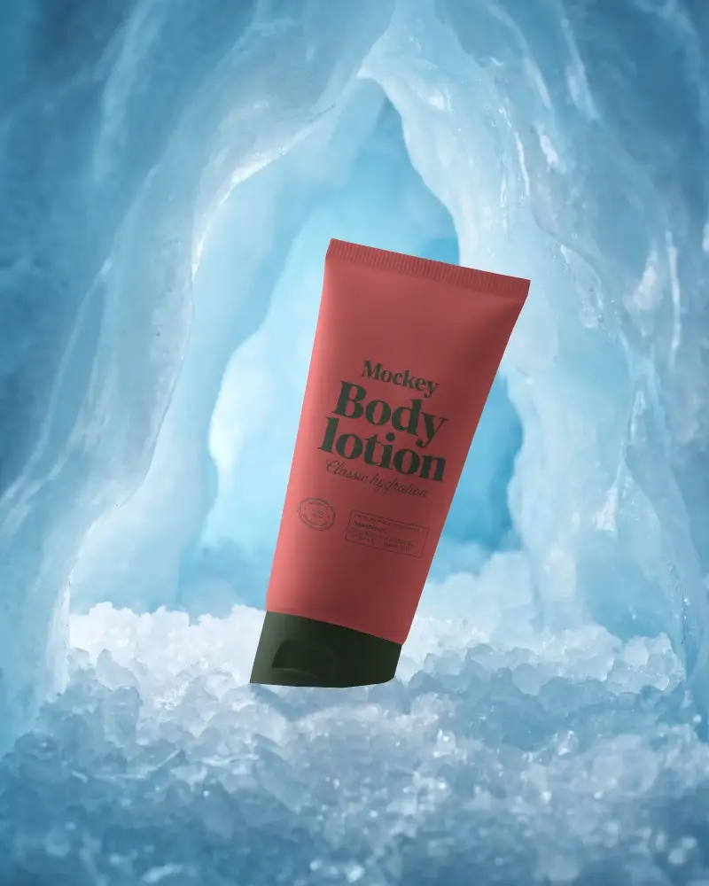 Premium Cosmetic Tube Mockup In Ice Cave Cold Skin Care Packaging Design Visualization