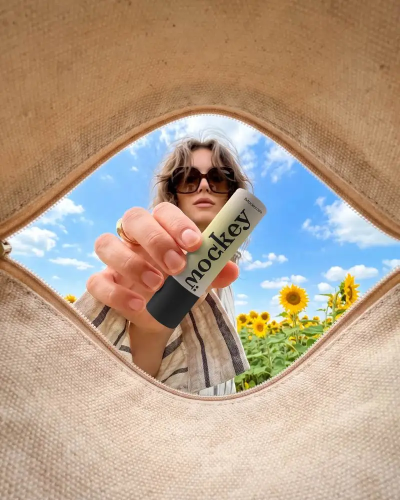 Woman Holding Cosmetic Packaging Lipstick Mockup Outdoor Nature Background Beauty Product