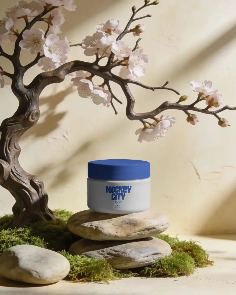 Minimalist Cosmetic Cream Jar Mockup With Zen Stones And Blooming Flower For Advertising