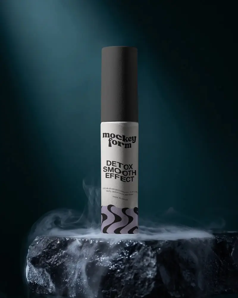 Premium Cosmetic Bottle Mockup On Mystical Stone Surface With Fog Effect