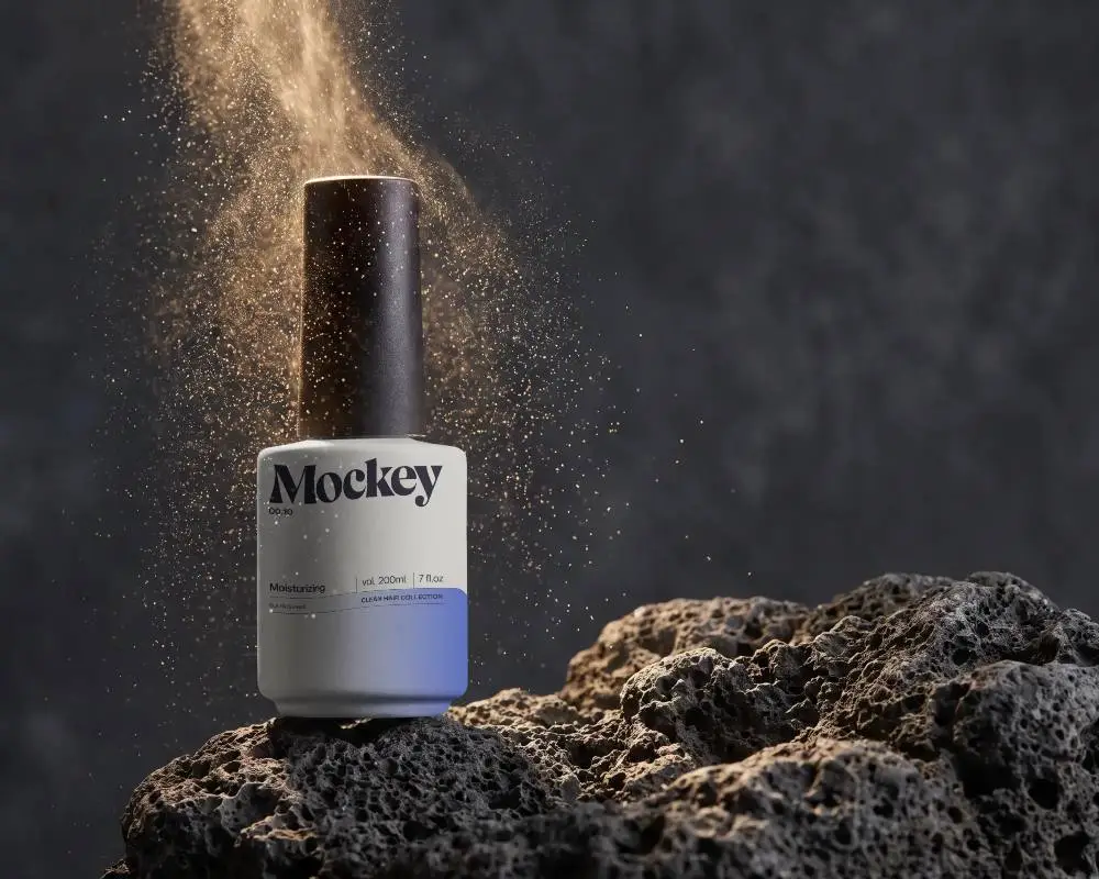 Elegant Cosmetic Bottle Mockup Surrounded By Shimmering Dust On Textured Rock