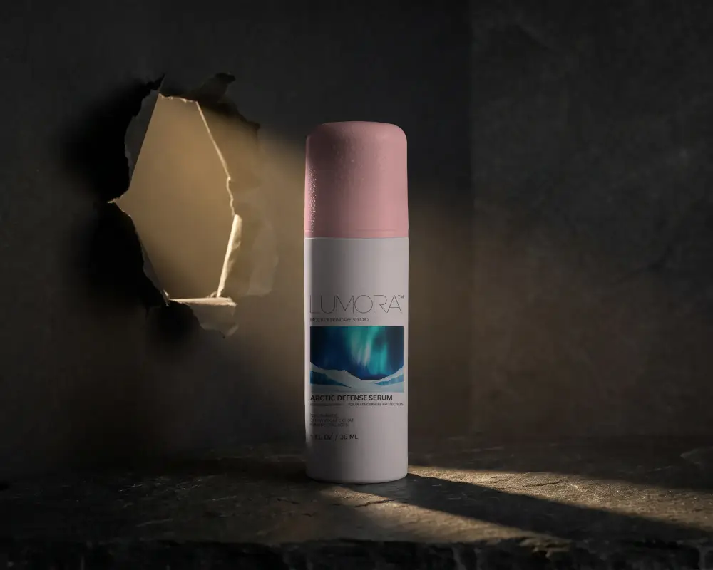 Premium Cosmetic Packaging Mockup With Moisture Droplets In Subtle Ambient Lighting Setting