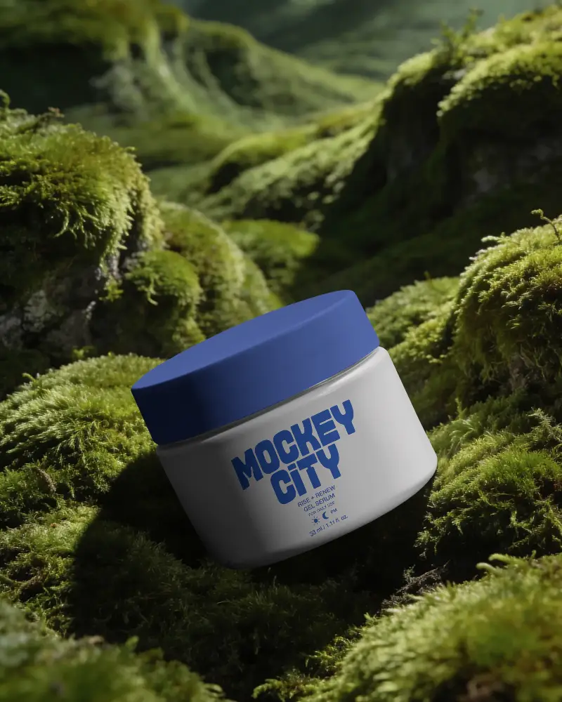 Minimalistic Cosmetic Cream Jar Mockup In Forest Setting With Greenery For Organic Products